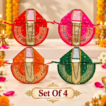 Karveer Nivasini Mahalaxmi Devi Poshak (Set of 4) | Kolhapur Lakshmi Mata Dress for Temple & Home Puja | Traditional Silk Saree Vastra for Goddess Idol & Photo Frame Decoration (9 Inch Poshak)