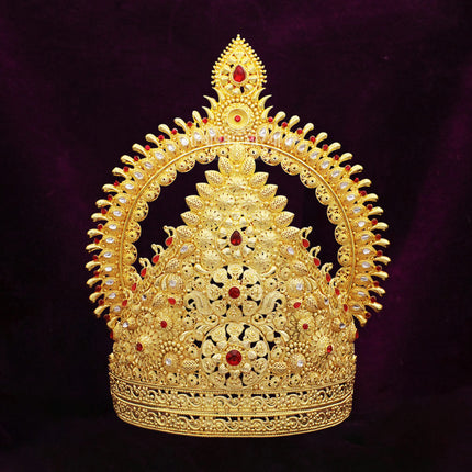 Golden Mukut for God Idol | Traditional Devotional Crown for Krishna, Ram, Ganesh & Devi Murti Mukut for Devi Devta in Golden Meenakari Work for (Ear to Ear Dimension 8 inches)