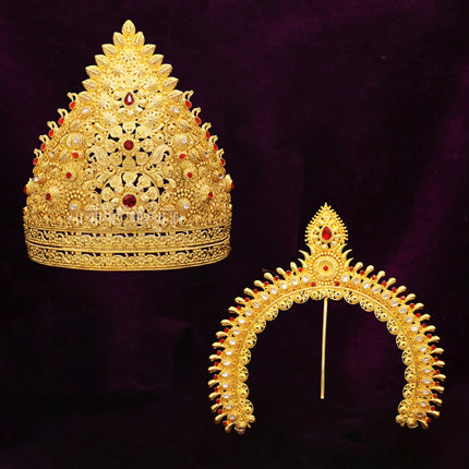 Golden Mukut for God Idol | Traditional Devotional Crown for Krishna, Ram, Ganesh & Devi Murti Mukut for Devi Devta in Golden Meenakari Work for (Ear to Ear Dimension 8 inches)