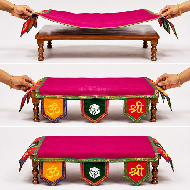 Chaurang Aasan चौरंग आसन Velvet for Sacred Symbol Meanings on the Pooja Aasan Navratri Kalash Sthapana, Margashirsha Lakshmi Puja, Diwali, Satyanarayan Puja  (Pink) (20 × 20 inches)