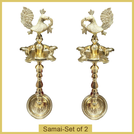 Brass Kerala Diya Samai Traditional Peacock Oil Lamp Mahabharat Samai Kutthu Vilakku Panchmahal Deepam Ideal for Home Temple, Pooja Room, Diwali & Festivals (30 inches)