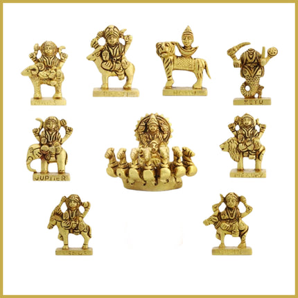 Brass Navagraha Statue Set with Their Respective Vahanas Nine Plant Kundli Navgraha Puja Traditional Hindu Deities, 9 Planetary Gods Statues, Gold-Toned Brass Figurines (Set Of 9)