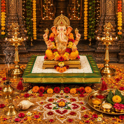 Chaurang Aasan Cover Traditional Decorative Pooja Chowki Cloth for Satyanarayan Puja, Vishnu Puja, and Shravan Navratri, Diwali & Margashirsha Puja Chaurang Aasan पारंपरिक पूजा चौकी सजावटीचे वस्त्र (चौरंग आसन) (20 × 20 inches)