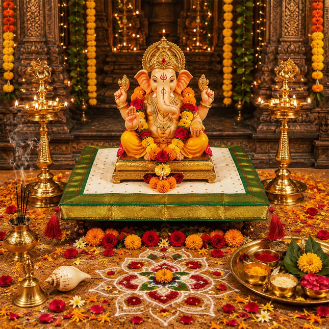 Chaurang Aasan Cover Traditional Decorative Pooja Chowki Cloth for Satyanarayan Puja, Vishnu Puja, and Shravan Navratri, Diwali & Margashirsha Puja Chaurang Aasan पारंपरिक पूजा चौकी सजावटीचे वस्त्र (चौरंग आसन) (20 × 20 inches)