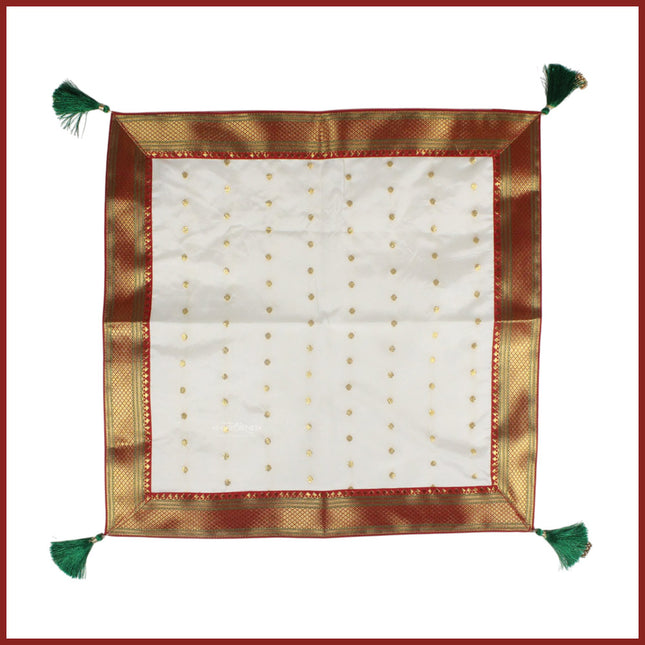 Chaurang Aasan Cover Traditional Decorative Pooja Chowki Cloth for Satyanarayan Puja, Vishnu Puja, and Shravan Navratri, Diwali & Margashirsha Puja Chaurang Aasan पारंपरिक पूजा चौकी सजावटीचे वस्त्र (चौरंग आसन) (20 × 20 inches)