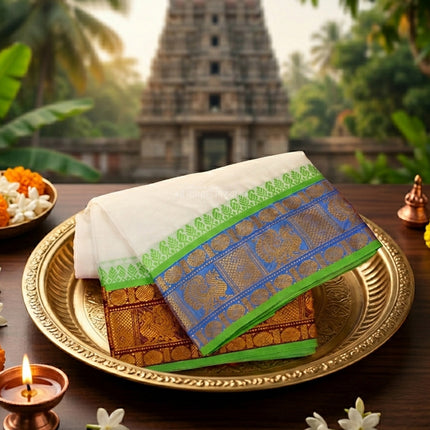 Classic Traditional White Cotton Dhoti with Green & Gold Zari Border | Temple Wear Dhoti for Puja & Festivals Cotton Dhoti and Angavastram Set – Ideal for Religious & Cultural Occasions  9X5 meter