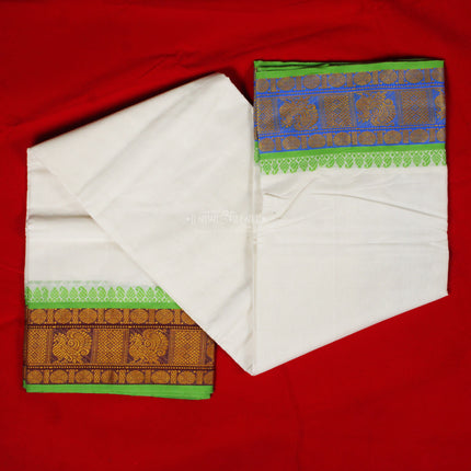 Classic Traditional White Cotton Dhoti with Green & Gold Zari Border | Temple Wear Dhoti for Puja & Festivals Cotton Dhoti and Angavastram Set – Ideal for Religious & Cultural Occasions  9X5 meter