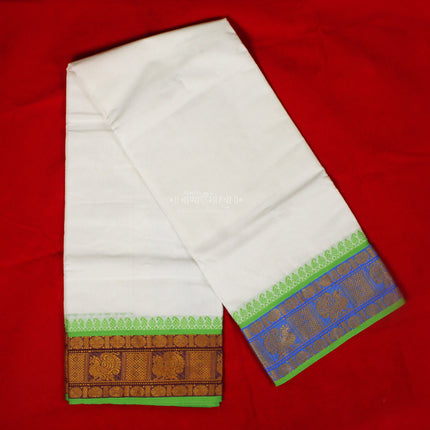 Classic Traditional White Cotton Dhoti with Green & Gold Zari Border | Temple Wear Dhoti for Puja & Festivals Cotton Dhoti and Angavastram Set – Ideal for Religious & Cultural Occasions  9X5 meter
