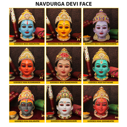 Navdurga Devi Face Set – Navratri Navshakti Navchandi Navdevi | Nine Mata / Nine Shakti Idols – 9 Manifestations of Maa Durga for Home Temple, Puja, Mandir & Office Décor ( Set Of 9)