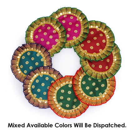 Decorative Round Pooja Aasan / Aasan for Puja Chowki & Mandir Traditional Pooja Asan for Diya, Kalash & Temple Use For Navratri, Diwali & Margashish Kalash Puja Traditional Fabric Aasan with Golden Border (Set of  12)