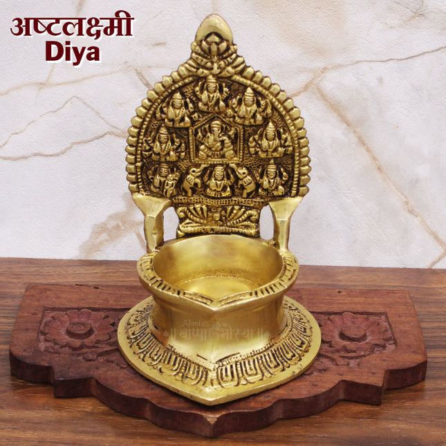 Ashtalakshmi Brass Diya Asth Lakshmi Deepak for Pooja Goddess Laxmi Oil Diya Ashtalaxmi  Oil Lamp Jot Diya Deepak for Diwali Pooja and Mandir Temple Home Office Traditional Lakshmi Vilakku for Pooja | Pure Brass Deepak for Temple & Festivals (5 Inch)