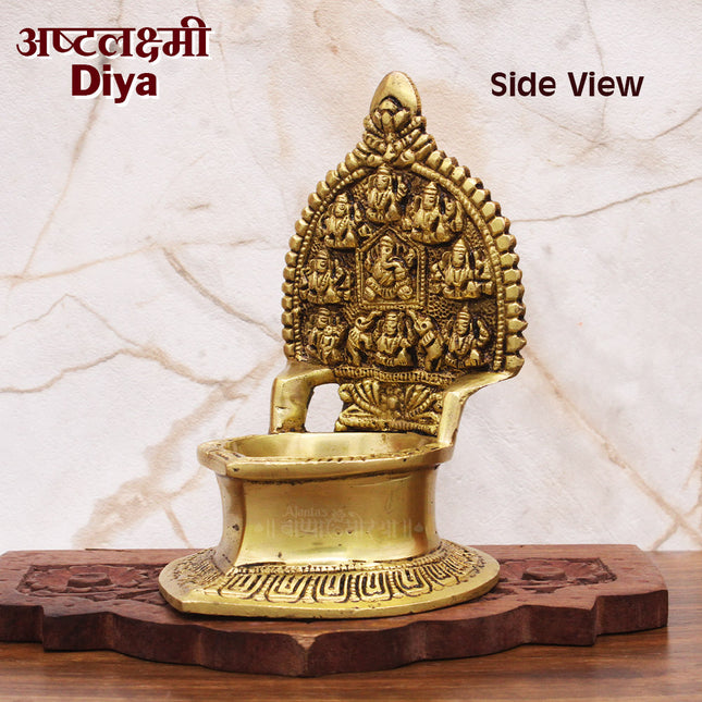 Ashtalakshmi Brass Diya Asth Lakshmi Deepak for Pooja Goddess Laxmi Oil Diya Ashtalaxmi  Oil Lamp Jot Diya Deepak for Diwali Pooja and Mandir Temple Home Office Traditional Lakshmi Vilakku for Pooja | Pure Brass Deepak for Temple & Festivals (5 Inch)