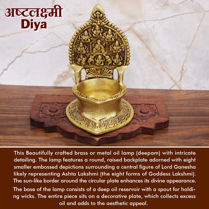 Ashtalakshmi Brass Diya Asth Lakshmi Deepak for Pooja Goddess Laxmi Oil Diya Ashtalaxmi  Oil Lamp Jot Diya Deepak for Diwali Pooja and Mandir Temple Home Office Traditional Lakshmi Vilakku for Pooja | Pure Brass Deepak for Temple & Festivals (5 Inch)