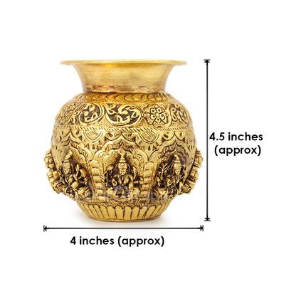 Handcrafted Brass Ashtalakshmi Kalash Pot – Traditional Puja Vessel with Goddess Lakshmi Carvings for Home Temple & Festive Rituals (4.5 Inch)