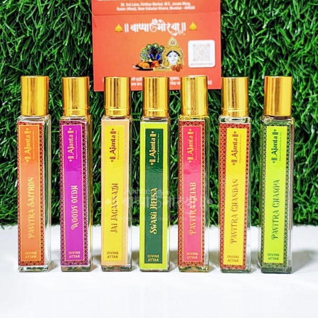 Premium Divine Attar Perfume Set – 7 Natural Alcohol-Free Fragrances | Pavitra Saffron, Woody Oodh, Jai Jagannath, Swami Heena, Pavittra Chandan, Pavitra Champa Pavitra Gulab  – Long-Lasting Spiritual Perfume