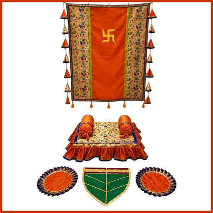 Silk Khan Khun Traditional Backdrop Ecofriendly  Ready to Use  Decoration Set Traditional Pooja for Ganpati Sthapana, Navratri, Kalash Sthapana, Varalakshmi Pooja, Margashirsha संपूर्ण पारंपरिक पूजा मखर सजावट सेट