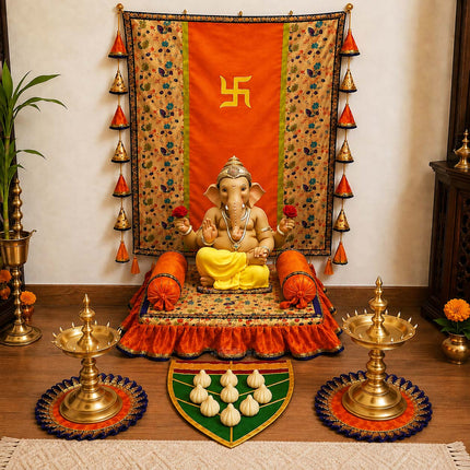 Silk Khan Khun Traditional Backdrop Ecofriendly  Ready to Use  Decoration Set Traditional Pooja for Ganpati Sthapana, Navratri, Kalash Sthapana, Varalakshmi Pooja, Margashirsha संपूर्ण पारंपरिक पूजा मखर सजावट सेट