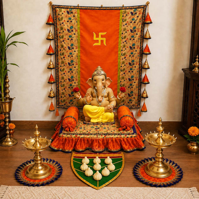 Silk Khan Khun Traditional Backdrop Ecofriendly  Ready to Use  Decoration Set Traditional Pooja for Ganpati Sthapana, Navratri, Kalash Sthapana, Varalakshmi Pooja, Margashirsha संपूर्ण पारंपरिक पूजा मखर सजावट सेट