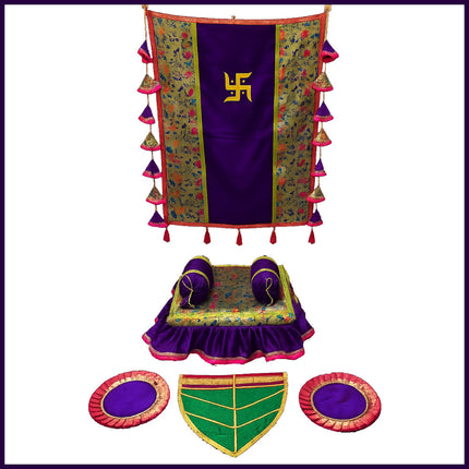 Silk Khan Khun Traditional Backdrop Decoration Set for Home Temple Ecofriendly   Ganesh Chaturthi Makar Setup with Pooja Aasan, Cushion, Naivedya Pan & Samai Aasan