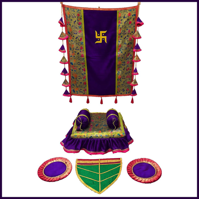 Silk Khan Khun Traditional Backdrop Decoration Set for Home Temple Ecofriendly   Ganesh Chaturthi Makar Setup with Pooja Aasan, Cushion, Naivedya Pan & Samai Aasan