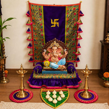 Silk Khan Khun Traditional Backdrop Decoration Set for Home Temple Ecofriendly   Ganesh Chaturthi Makar Setup with Pooja Aasan, Cushion, Naivedya Pan & Samai Aasan