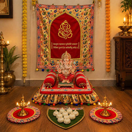 Vakratunda Red Velvet Ganesha Backdrop Setup Ecofriendly Ready to Use  Premium Traditional Ganpati Makar & Pooja Decoration Set for Ganesh Sthapana, Navratri, Varalakshmi, Diwali & Home Mandir