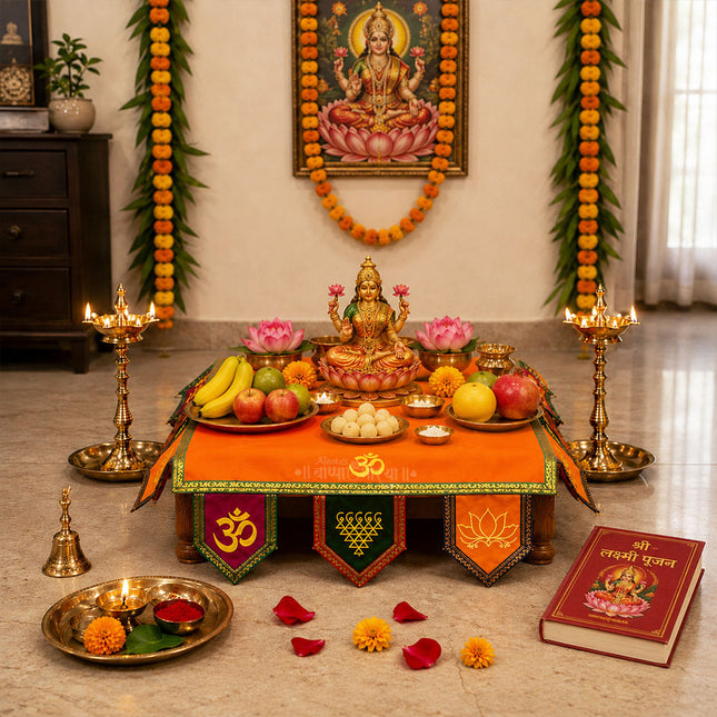 Velvet Chaurang Aasan (चौरंग आसन) | Puja Chowki Cloth for Navratri, Diwali, Kalash Sthapana & Daily Worship (20 × 20 inches)