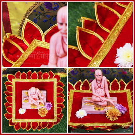 पूजेसाठी कमळ चौरंग आसन | दिवा, कलश आणि मूर्ती ठेवण्यासाठी मखमली चौरंग आसन | घरगुती मंदिरासाठी पारंपरिक पूजा चौकी चटई (18×18 इंच)