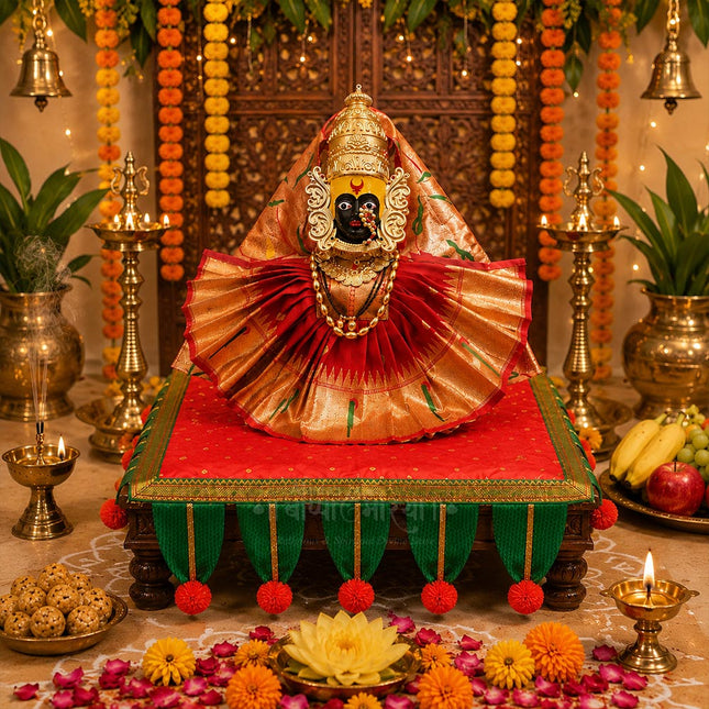 Premium Paithani Chaurang Aasan Cover With Paan  Traditional Decorative Pooja Chowki Cloth for Navratri, Diwali & Margashirsha Puja  Chaurang Aasan (चौरंग आसन)  (20 × 20 inches)