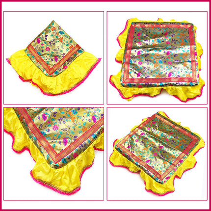 Chaurang Chowki Cloth Cover (20x20 Inch) Khan Silk for Ganpati, Durga Puja & Kalash Sthapana Margashirsha Pooja (चौरंग आसन) for Puja Traditional Religious Chowki