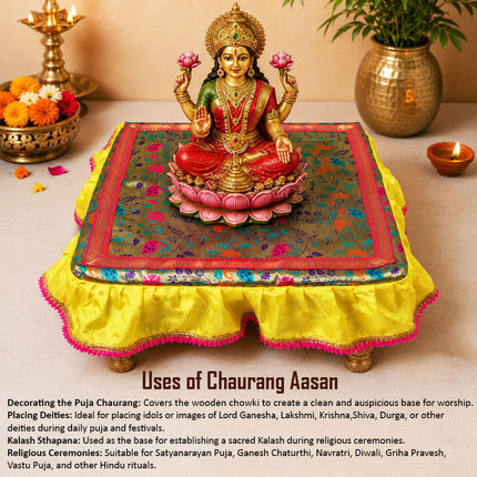 Chaurang Chowki Cloth Cover (20x20 Inch) Khan Silk for Ganpati, Durga Puja & Kalash Sthapana Margashirsha Pooja (चौरंग आसन) for Puja Traditional Religious Chowki