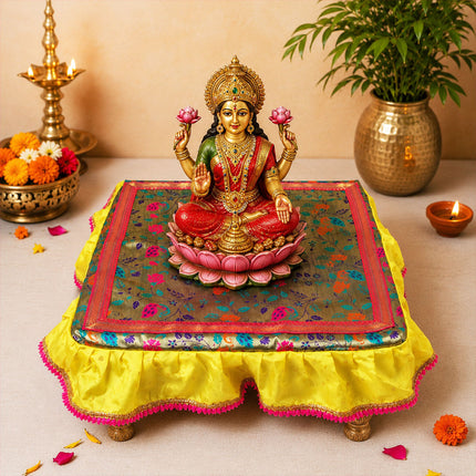 Chaurang Chowki Cloth Cover (20x20 Inch) Khan Silk for Ganpati, Durga Puja & Kalash Sthapana Margashirsha Pooja (चौरंग आसन) for Puja Traditional Religious Chowki