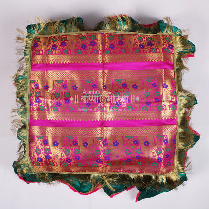 Paithani Silk Chaurang Aasan for Pooja | Multicolour Floral Brocade Cloth with Zari Border & Green Frill | Ideal for Idol, Kalash, Thali Decoration | 18 Inch Paithani Design Aasan for Ganesh, Navratri & Diwali Puja