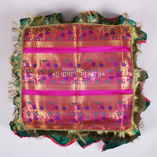 Paithani Silk Chaurang Aasan for Pooja | Multicolour Floral Brocade Cloth with Zari Border & Green Frill | Ideal for Idol, Kalash, Thali Decoration | 18 Inch Paithani Design Aasan for Ganesh, Navratri & Diwali Puja