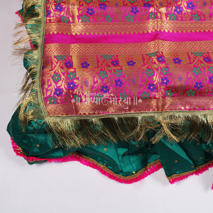 Paithani Silk Chaurang Aasan for Pooja | Multicolour Floral Brocade Cloth with Zari Border & Green Frill | Ideal for Idol, Kalash, Thali Decoration | 18 Inch Paithani Design Aasan for Ganesh, Navratri & Diwali Puja