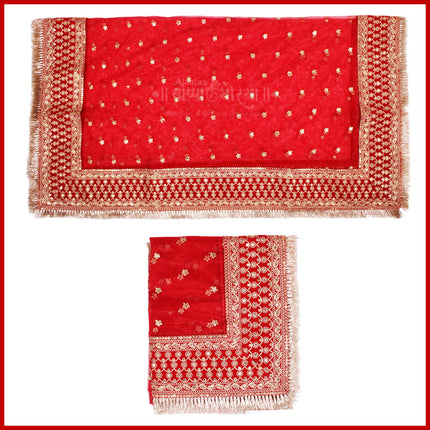 Devi Mata Ki Chunri(2 Metres, Big, Red) Navratri Puja Devi Maa Jagratha Chunari, Durga Maa Chunni for Mata  Ki Chowki, Navaratri of Pooja  Use For Wedding सजावटीच्या बॅकड्रॉपसाठी किंवा माताजीच्या फोटोवर अर्पण करण्यासाठी वापर Multipurpose Use