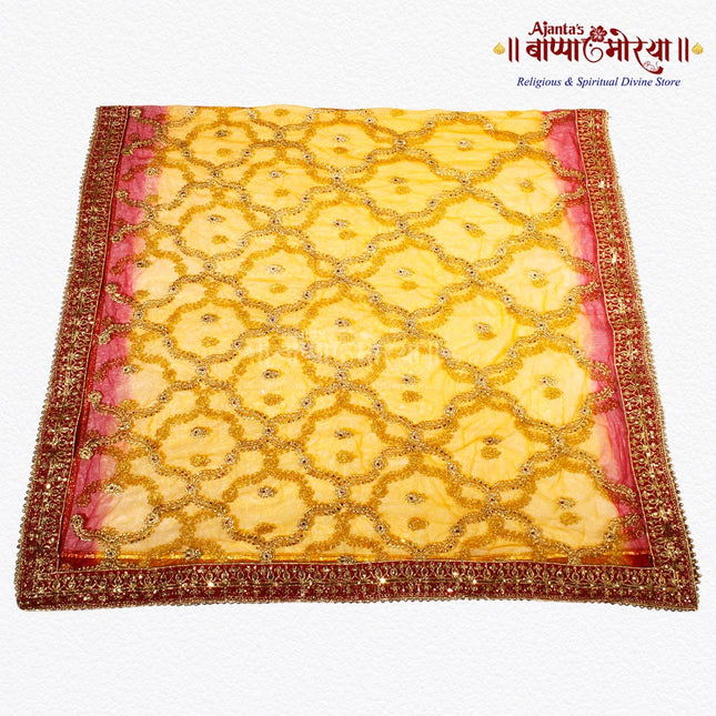 Heavy Golden Border Red Devi Mata Chunri | Designer Net Chunari for Navratri, Mata Ki Chowki, Jagratra & Temple Decoration | Perfect for Bridal, Wedding & Pooja Rituals (2 Meter)