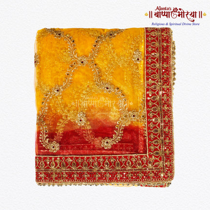 Heavy Golden Border Red Devi Mata Chunri | Designer Net Chunari for Navratri, Mata Ki Chowki, Jagratra & Temple Decoration | Perfect for Bridal, Wedding & Pooja Rituals (2 Meter)