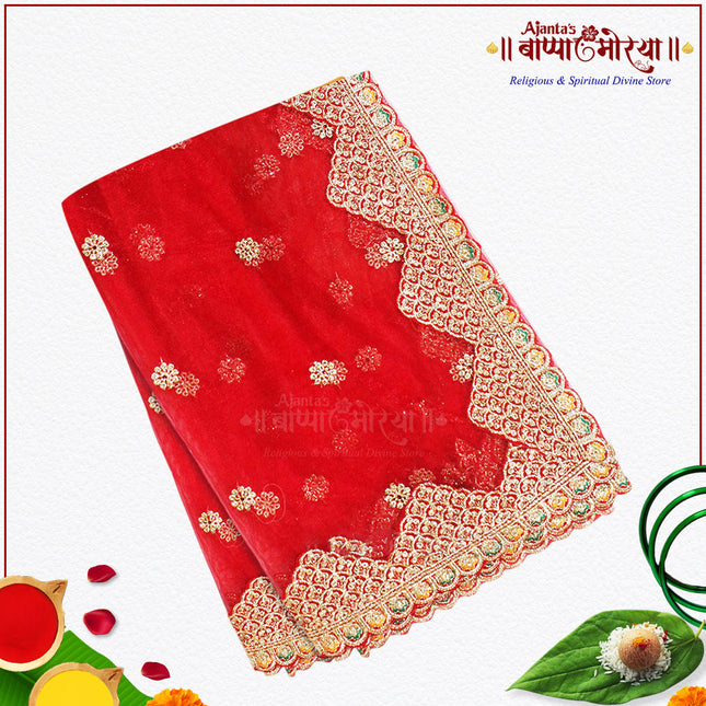 Red Embroidered Devi Mata Chunri |  Big Red Mata Chunni for Mandir & Backdrop Use Elegant Golden Lace Chunari for Navratri Pooja, Mata Ki Chowki, Kanya Pujan & Bridal Wedding Rituals | Premium Net Fabric (2 Metres Red Net Chunnri)