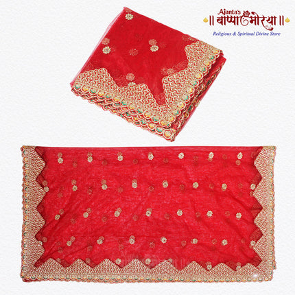 Red Embroidered Devi Mata Chunri |  Big Red Mata Chunni for Mandir & Backdrop Use Elegant Golden Lace Chunari for Navratri Pooja, Mata Ki Chowki, Kanya Pujan & Bridal Wedding Rituals | Premium Net Fabric (2 Metres Red Net Chunnri)