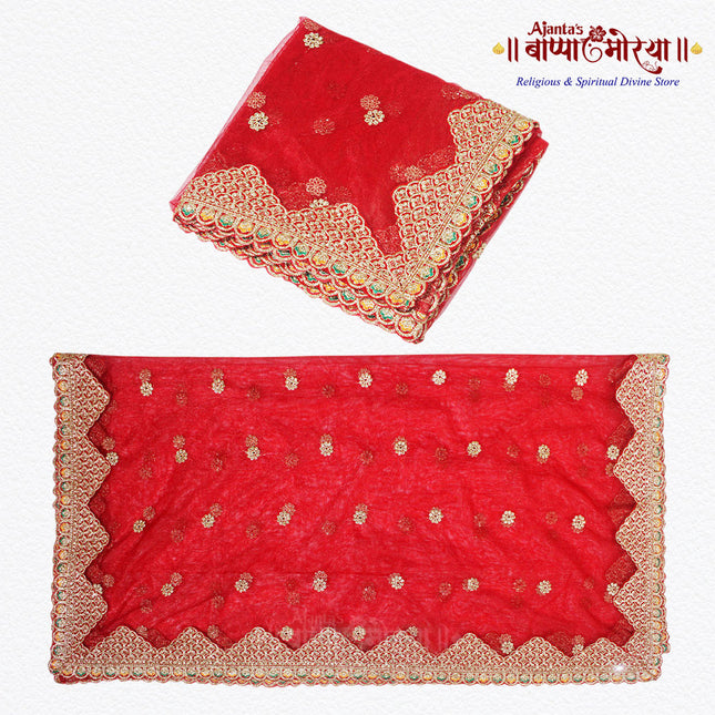 Red Embroidered Devi Mata Chunri |  Big Red Mata Chunni for Mandir & Backdrop Use Elegant Golden Lace Chunari for Navratri Pooja, Mata Ki Chowki, Kanya Pujan & Bridal Wedding Rituals | Premium Net Fabric (2 Metres Red Net Chunnri)