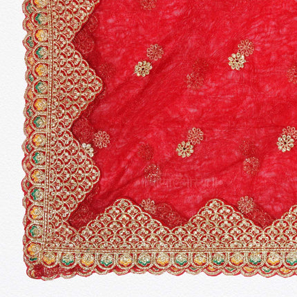 Red Embroidered Devi Mata Chunri |  Big Red Mata Chunni for Mandir & Backdrop Use Elegant Golden Lace Chunari for Navratri Pooja, Mata Ki Chowki, Kanya Pujan & Bridal Wedding Rituals | Premium Net Fabric (2 Metres Red Net Chunnri)