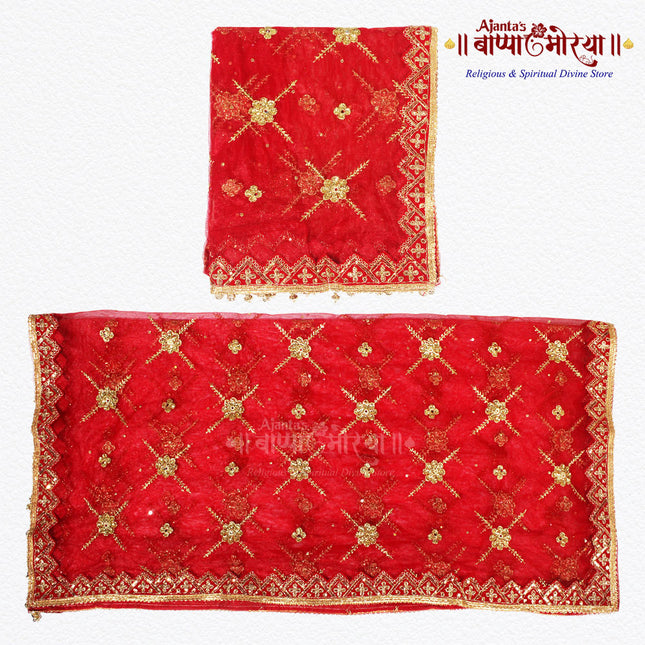 Beautiful Golden Lace & Zari Work Devi Mata Ki Chunri (2 Metres, Red Net Cloth) | Kulswamini Mata Jagdamba Maa Chaitra Navratri Puja Chunari | Durga Maa Chunni for Mata Ki Chowki, Jagrata, Bhajan & Dulhan Marriage Rituals | Multipurpose Use