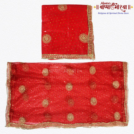 Red Embroidered Devi Mata Chunri | Big Red Mata Chunni for Mandir & Backdrop Use Elegant Golden Lace Chunari for Navratri Pooja, Mata Ki Chowki, Kanya Pujan & Bridal Wedding Rituals | Premium Net Fabric (2 Metres Red Net Chunnri)