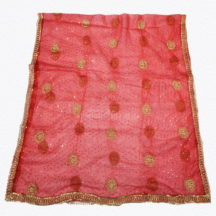 Red Embroidered Devi Mata Chunri | Big Red Mata Chunni for Mandir & Backdrop Use Elegant Golden Lace Chunari for Navratri Pooja, Mata Ki Chowki, Kanya Pujan & Bridal Wedding Rituals | Premium Net Fabric (2 Metres Red Net Chunnri)
