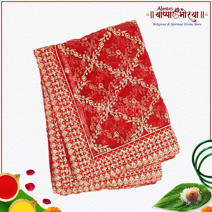 Premium Red Devi Mata Chunri with Heavy Golden Embroidery Border – Designer Net Chunari for Navratri, Mata Ki Chowki & Temple Decoration