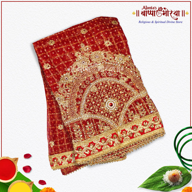 Vibrant Red Golden Border Chunri Designer Net Red Chunri with Heavy Golden Border | Perfect for Navratri, Jagratra & Pooja CeremoniesDecorative Net Chunari for Mata Ki Chowki, Temple & Weddings (Multipurpose use) (2 Meter)