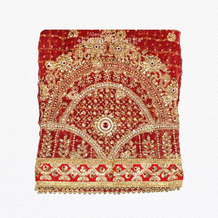 Vibrant Red Golden Border Chunri Designer Net Red Chunri with Heavy Golden Border | Perfect for Navratri, Jagratra & Pooja CeremoniesDecorative Net Chunari for Mata Ki Chowki, Temple & Weddings (Multipurpose use) (2 Meter)