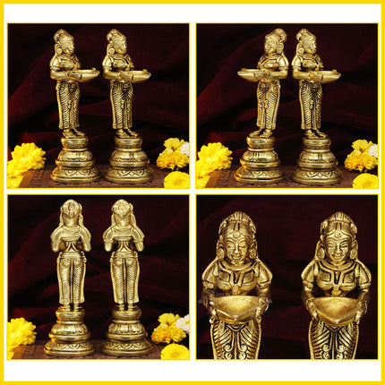 Brass Paavai Vilakku Deep Laxmi Diya Welcome Lady Holding Oil Diya for Pooja Mandir Temple Home Decor Diwali Deepam Dipak 7.5 Inch (SET OF 2)