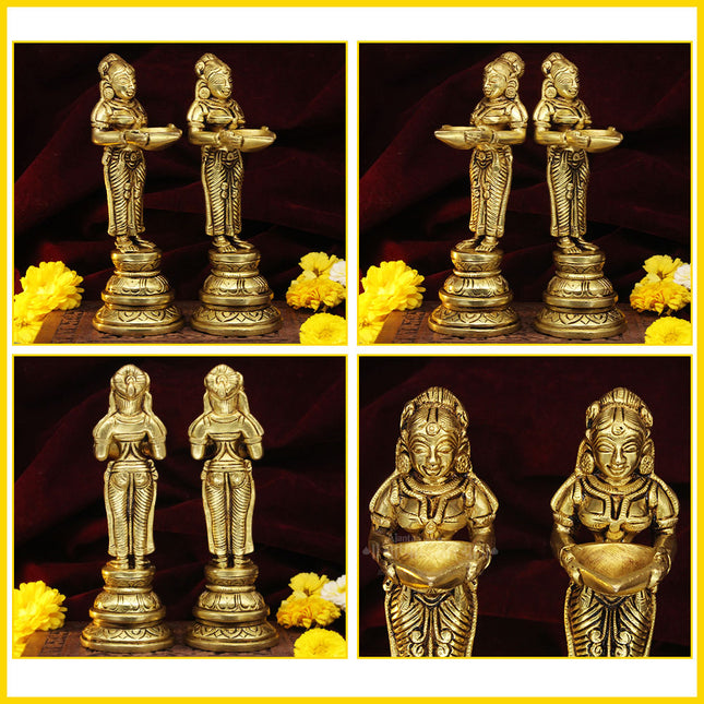Brass Paavai Vilakku Deep Laxmi Diya Welcome Lady Holding Oil Diya for Pooja Mandir Temple Home Decor Diwali Deepam Dipak 7.5 Inch (SET OF 2)